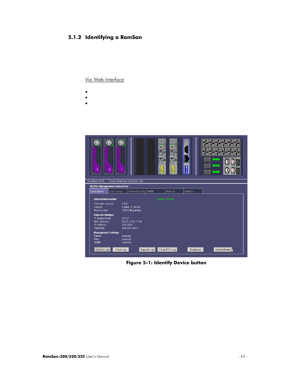 Identifying a ramsan, Via web interface | Texas Memory Systems 325 User Manual | Page 47 / 122