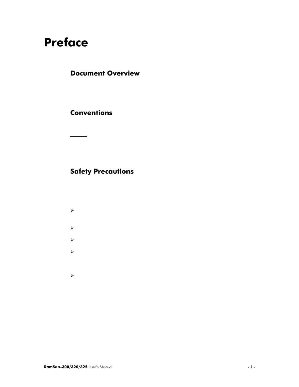 Preface, Document overview, Conventions | Safety precautions, Conventions safety precautions | Texas Memory Systems 325 User Manual | Page 5 / 122