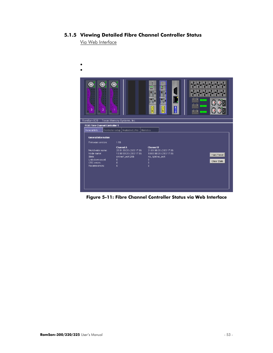 Viewing detailed fibre channel controller status, Via web interface | Texas Memory Systems 325 User Manual | Page 57 / 122