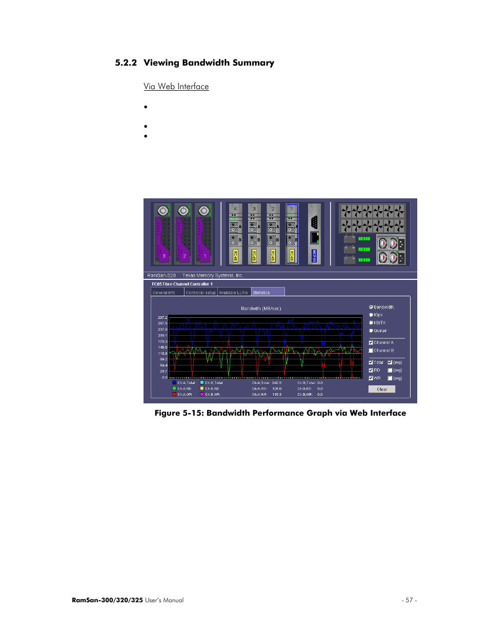 Viewing bandwidth summary, Via web interface | Texas Memory Systems 325 User Manual | Page 61 / 122