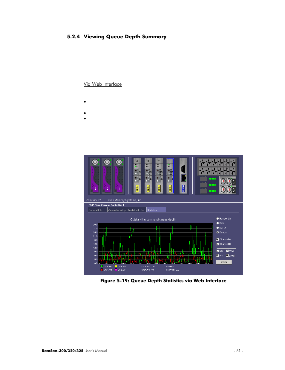 Viewing queue depth summary, Via web interface | Texas Memory Systems 325 User Manual | Page 65 / 122