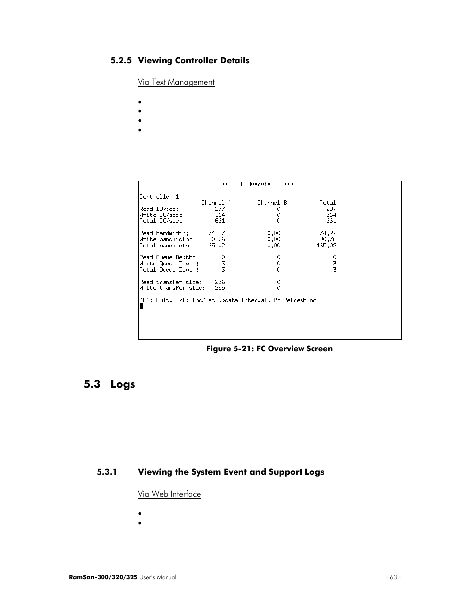 Viewing controller details, Via text management, Logs | Viewing the system event and support logs, Via web interface, 3 logs | Texas Memory Systems 325 User Manual | Page 67 / 122