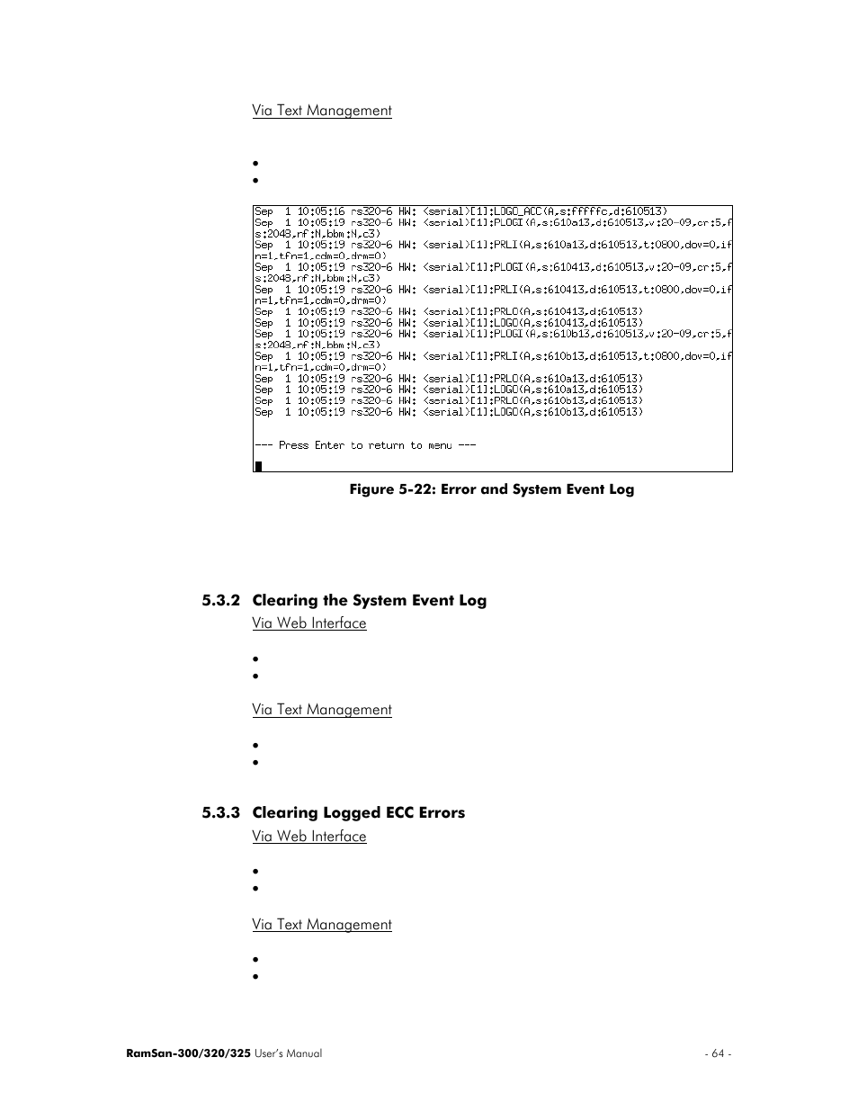 Via text management, Clearing the system event log, Via web interface | Clearing logged ecc errors | Texas Memory Systems 325 User Manual | Page 68 / 122