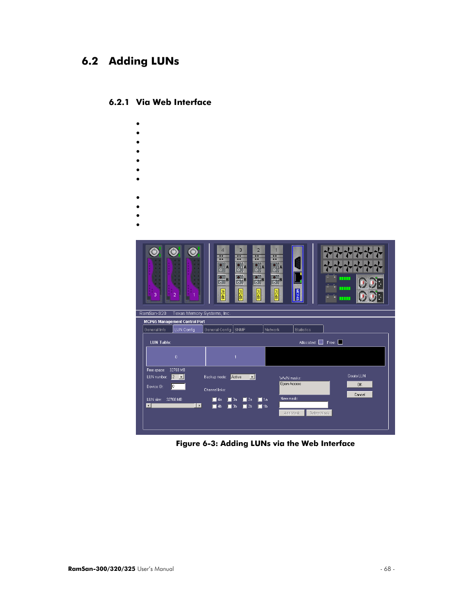 Adding luns, Via web interface, Section 6.2 ) | 2 adding luns | Texas Memory Systems 325 User Manual | Page 72 / 122