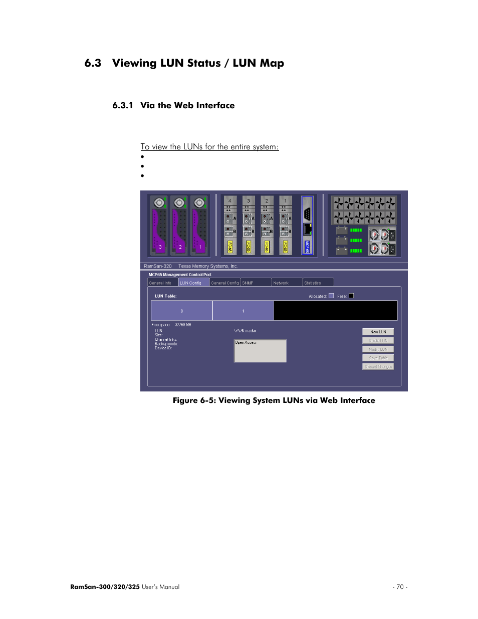 Viewing lun status / lun map, Via the web interface, To view the luns for the entire system | 3 viewing lun status / lun map | Texas Memory Systems 325 User Manual | Page 74 / 122