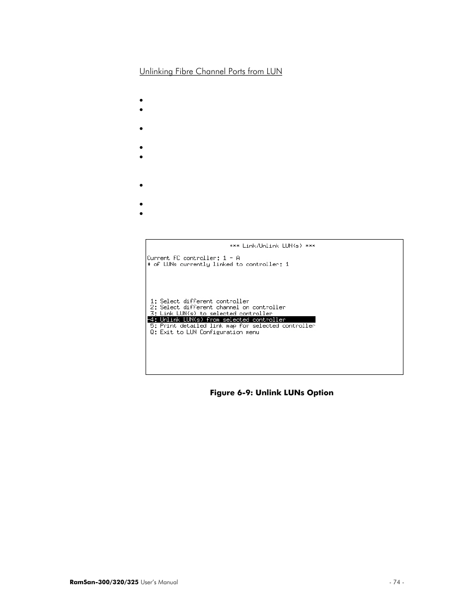 Unlinking fibre channel ports from lun | Texas Memory Systems 325 User Manual | Page 78 / 122