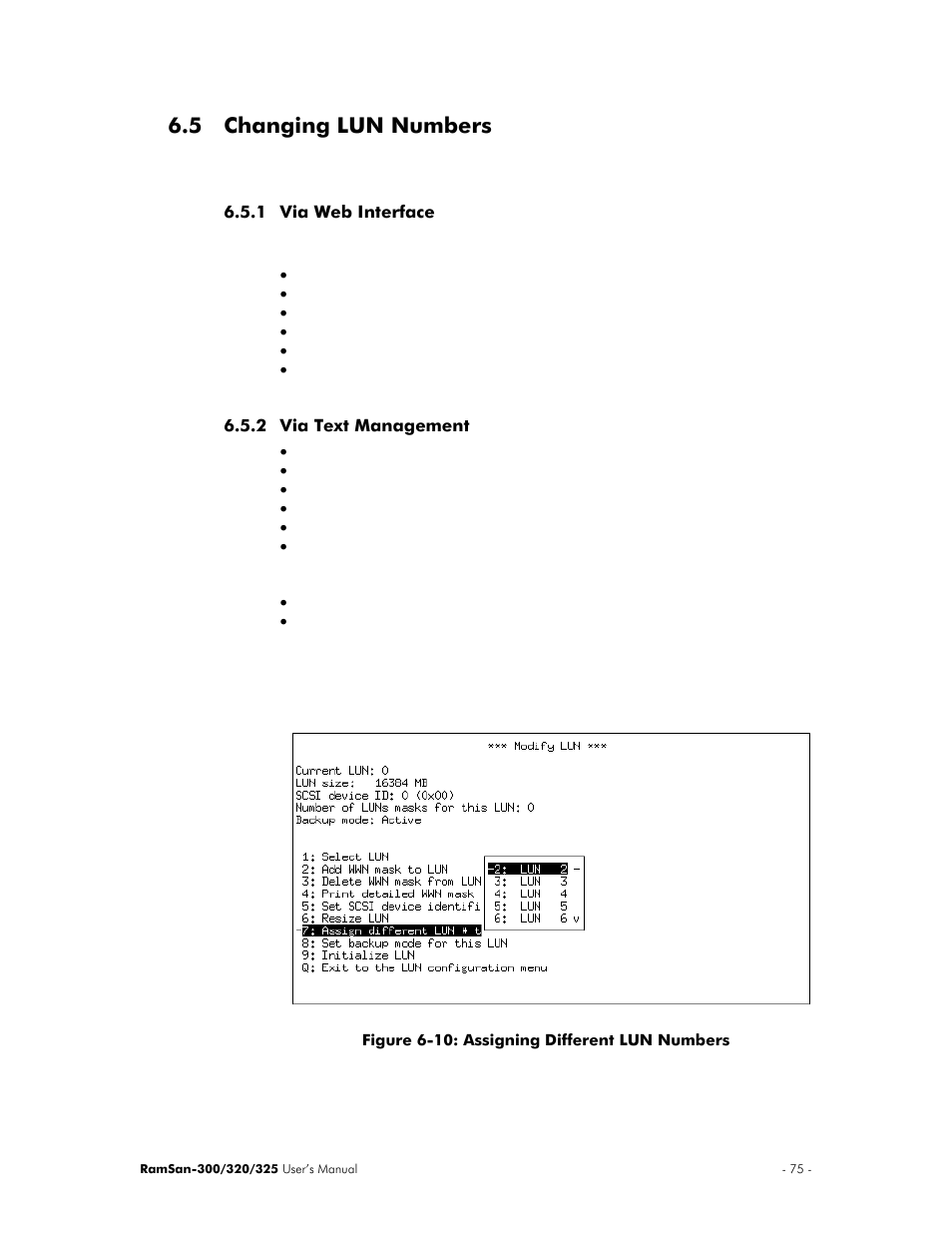 Changing lun numbers, Via web interface, Via text management | 5 changing lun numbers | Texas Memory Systems 325 User Manual | Page 79 / 122