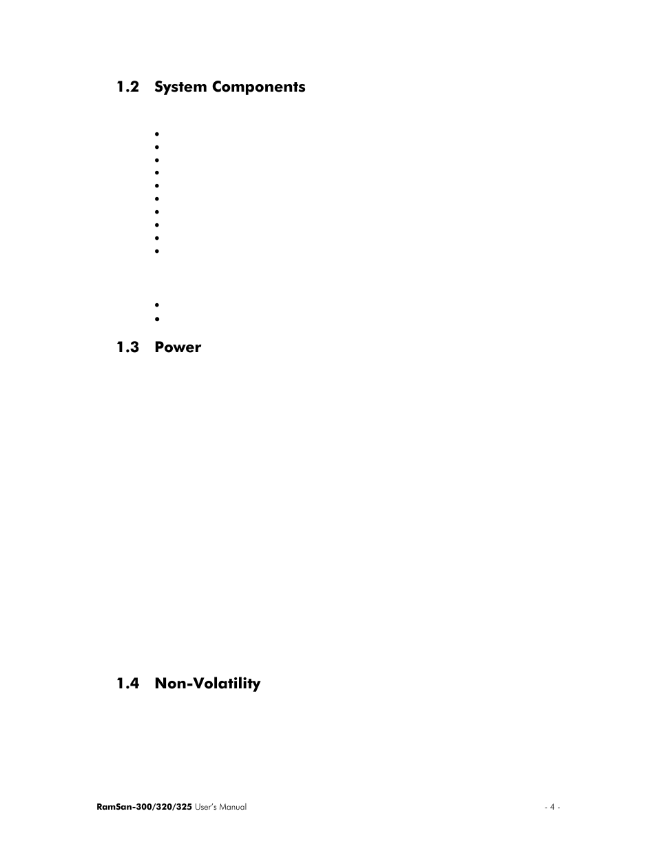 System components, Power, Non-volatility | 2 system components, 3 power, 4 non-volatility | Texas Memory Systems 325 User Manual | Page 8 / 122
