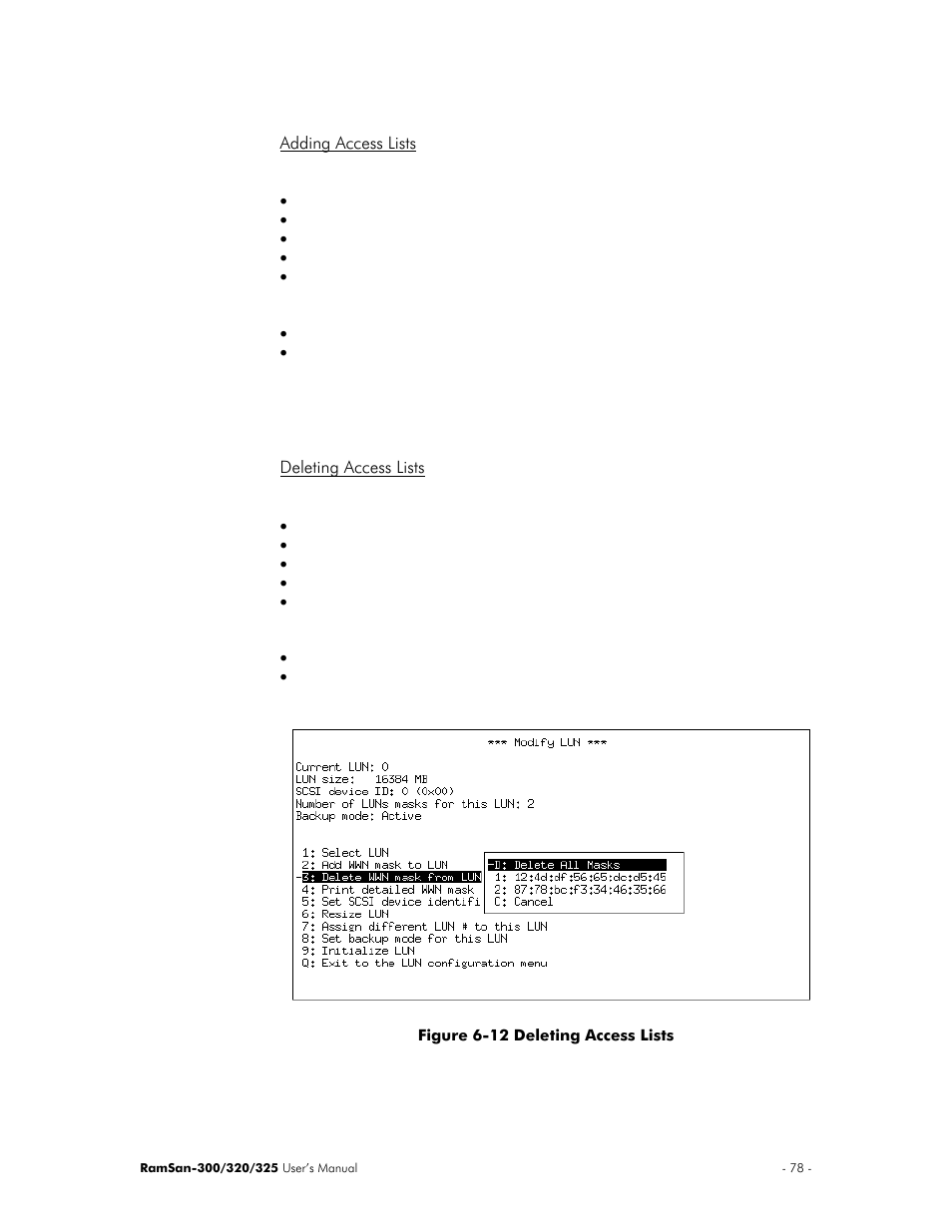 Adding access lists, Deleting access lists | Texas Memory Systems 325 User Manual | Page 82 / 122