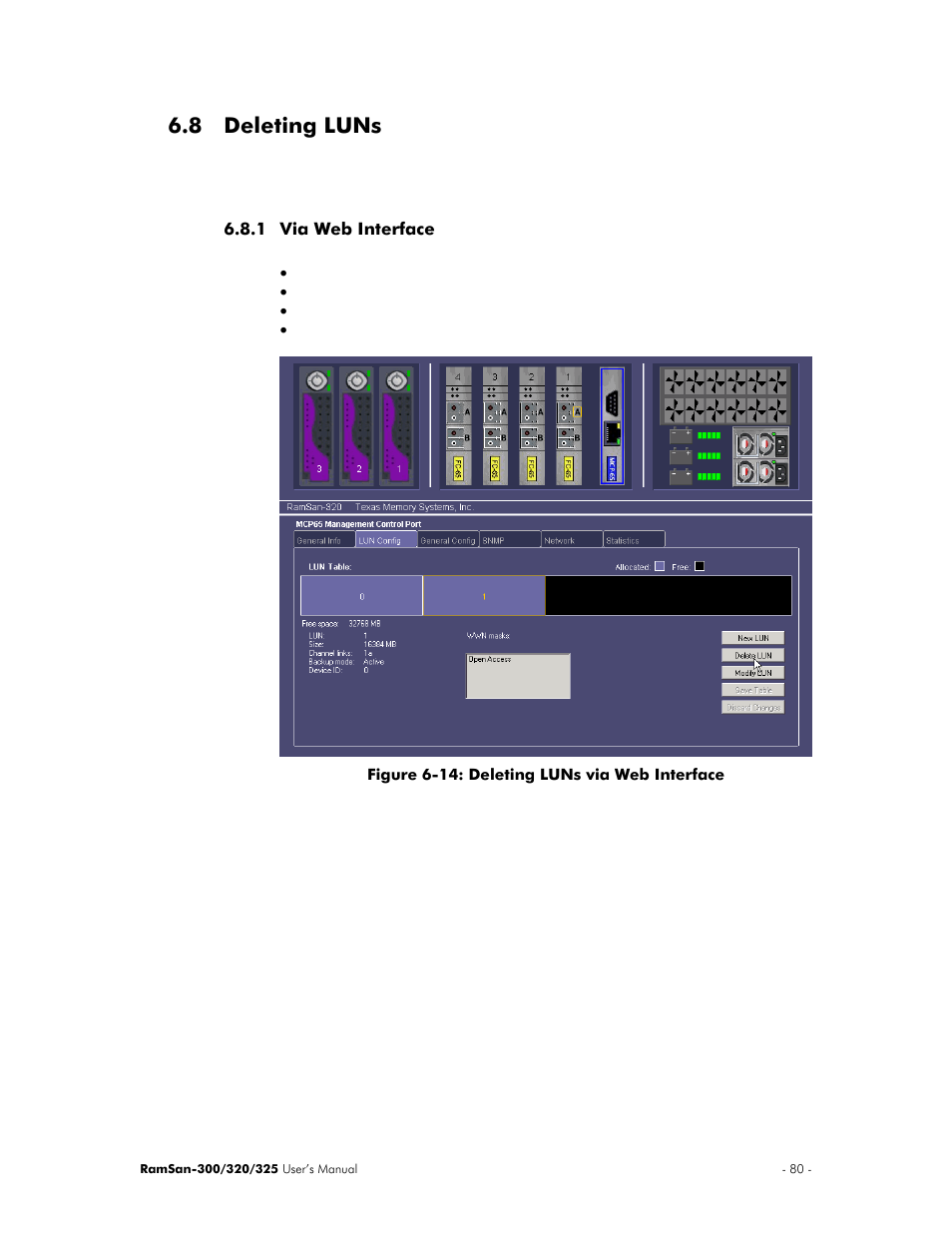 Deleting luns, Via web interface, Section 6.8 ) | 8 deleting luns | Texas Memory Systems 325 User Manual | Page 84 / 122