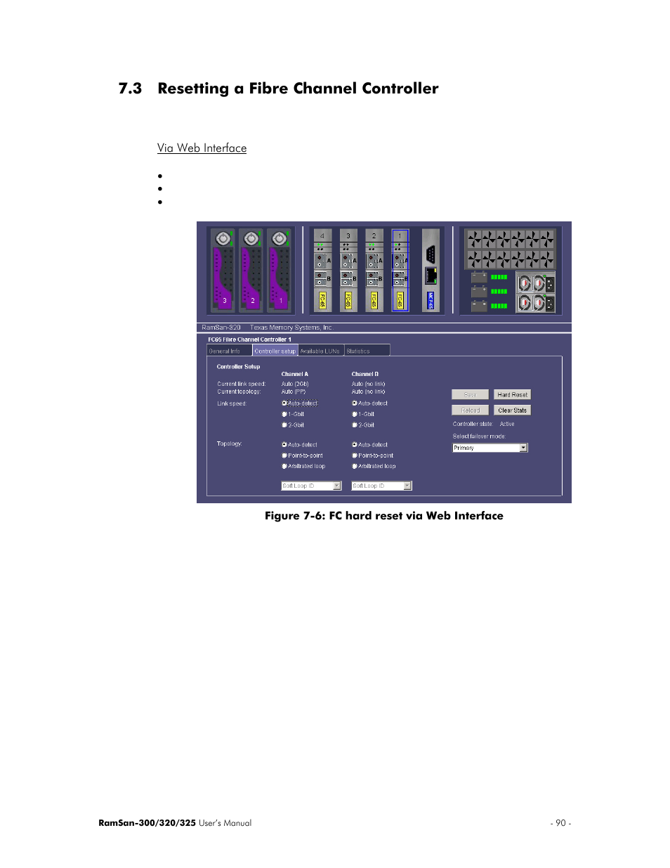 Resetting a fibre channel controller, Via web interface, 3 resetting a fibre channel controller | Texas Memory Systems 325 User Manual | Page 94 / 122