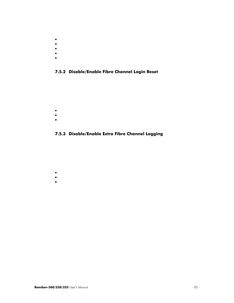 Disable/enable fibre channel login reset, Disable/enable extra fibre channel logging | Texas Memory Systems 325 User Manual | Page 96 / 122