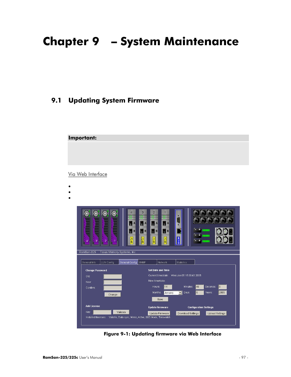Chapter 9 – system maintenance, 1 updating system firmware | Texas Memory Systems RamSan-325/325c User Manual | Page 101 / 121