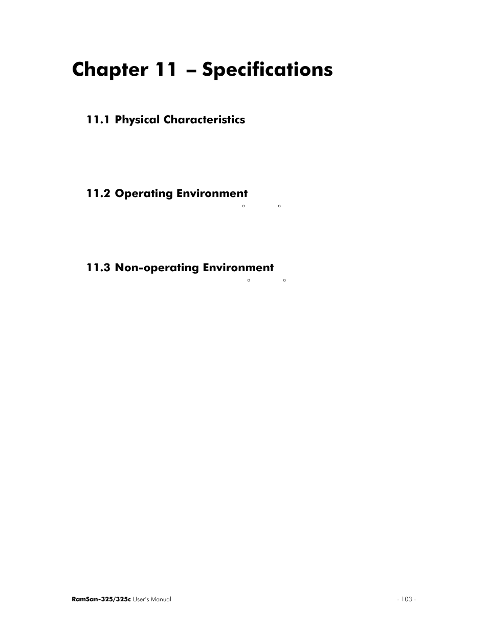 Chapter 11 – specifications, 1 physical characteristics, 2 operating environment | 3 non-operating environment | Texas Memory Systems RamSan-325/325c User Manual | Page 107 / 121