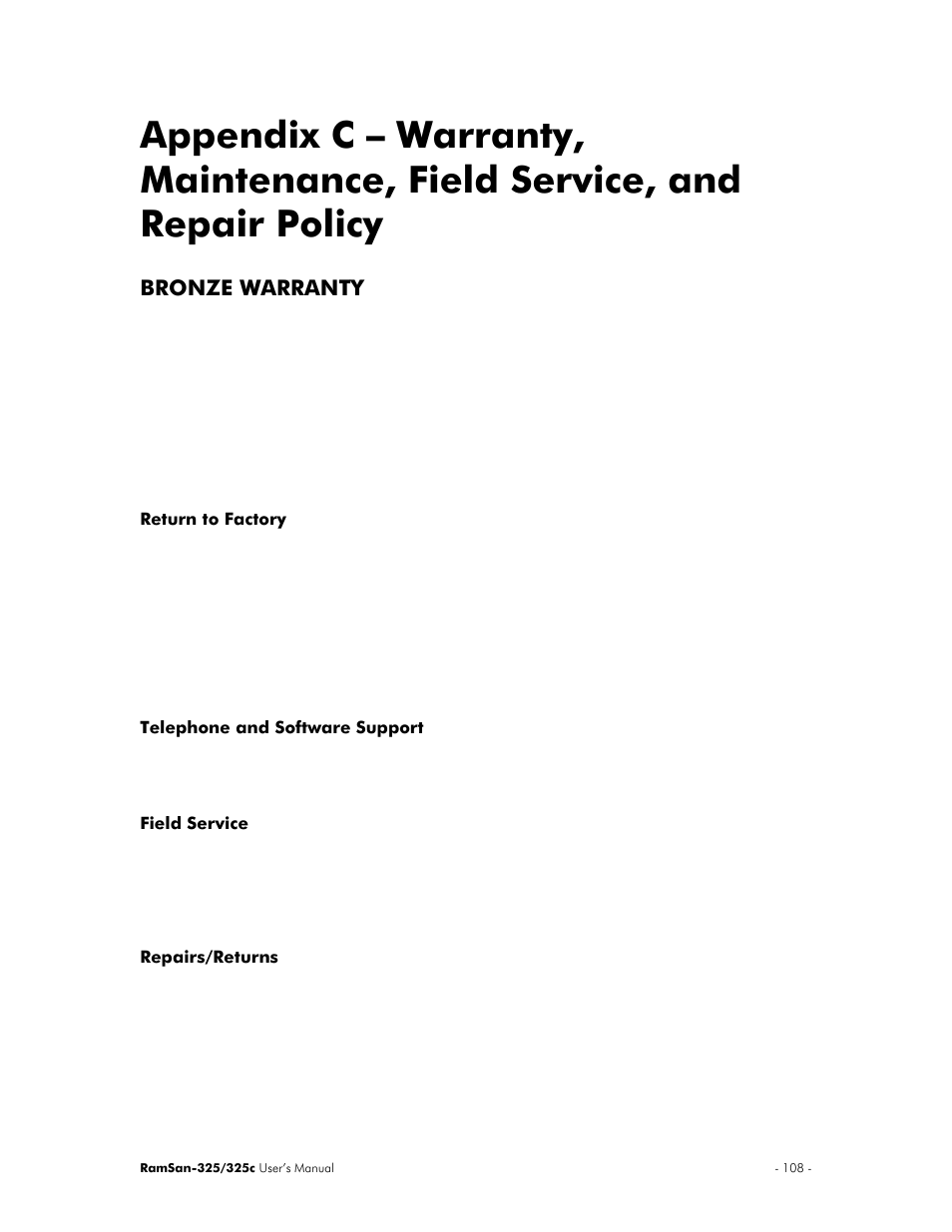 Bronze warranty | Texas Memory Systems RamSan-325/325c User Manual | Page 112 / 121