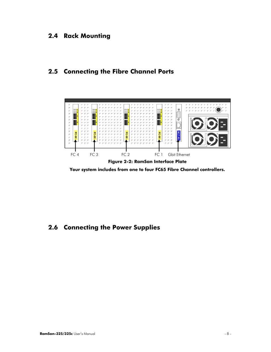 4 rack mounting, 5 connecting the fibre channel ports, 6 connecting the power supplies | Texas Memory Systems RamSan-325/325c User Manual | Page 12 / 121