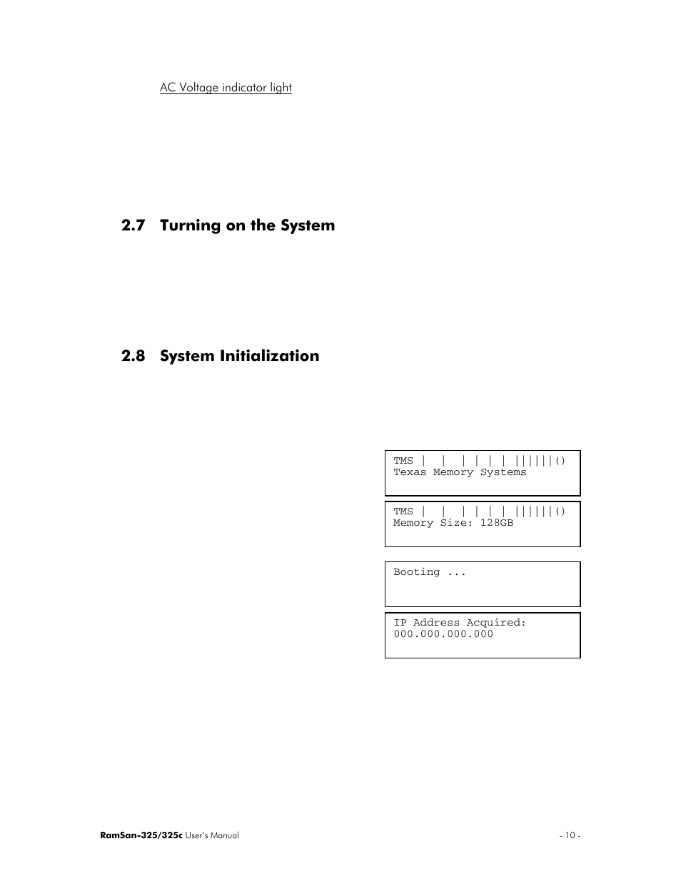 7 turning on the system, 8 system initialization | Texas Memory Systems RamSan-325/325c User Manual | Page 14 / 121