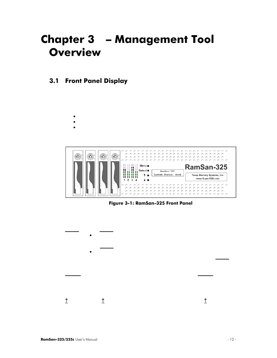 Chapter 3 – management tool overview, 1 front panel display | Texas Memory Systems RamSan-325/325c User Manual | Page 16 / 121
