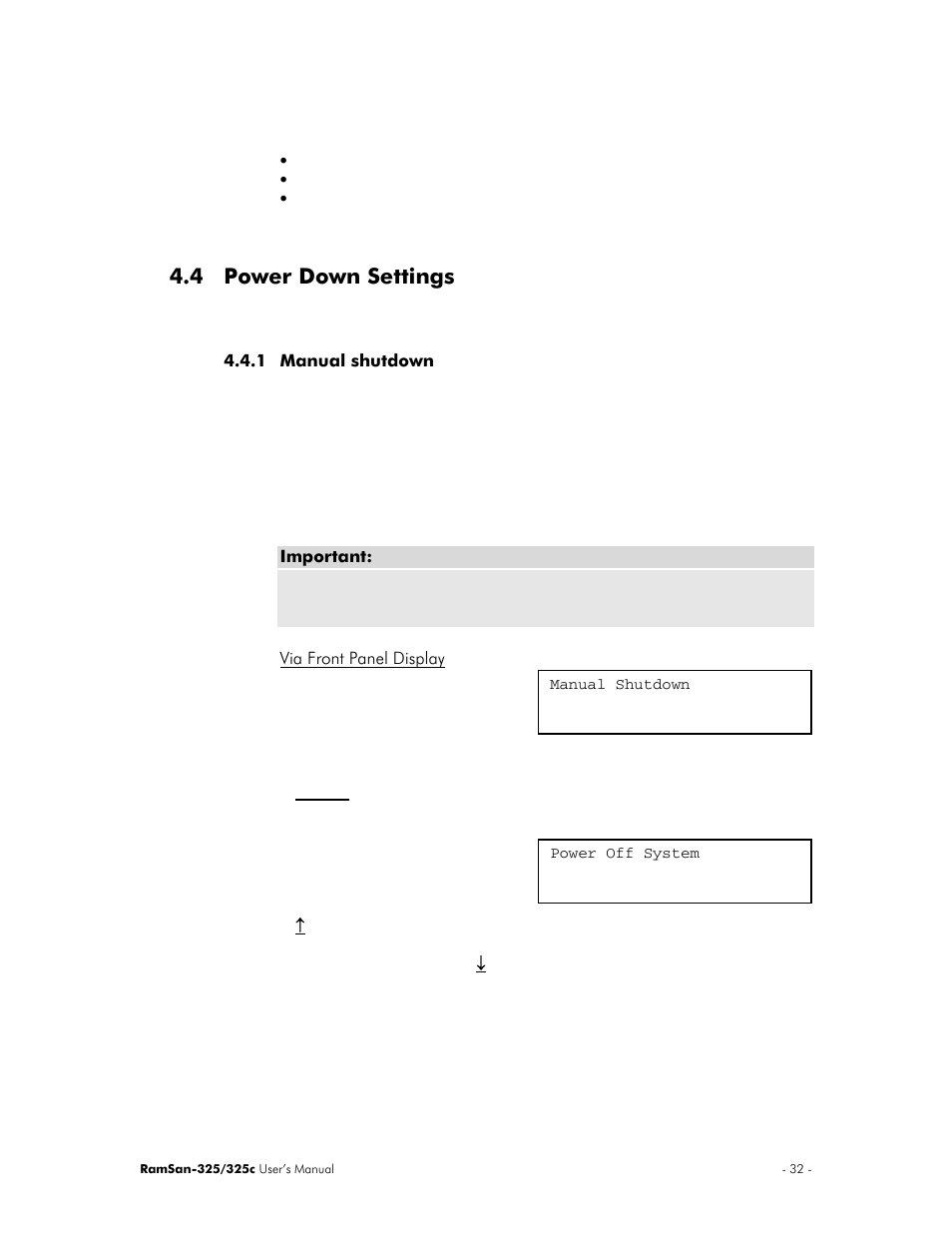 4 power down settings | Texas Memory Systems RamSan-325/325c User Manual | Page 36 / 121