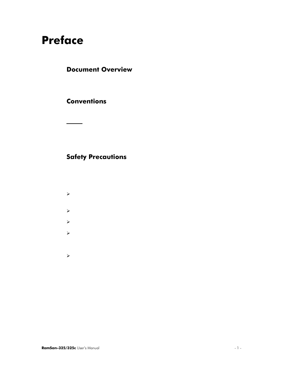 Preface, Document overview, Conventions | Safety precautions | Texas Memory Systems RamSan-325/325c User Manual | Page 5 / 121