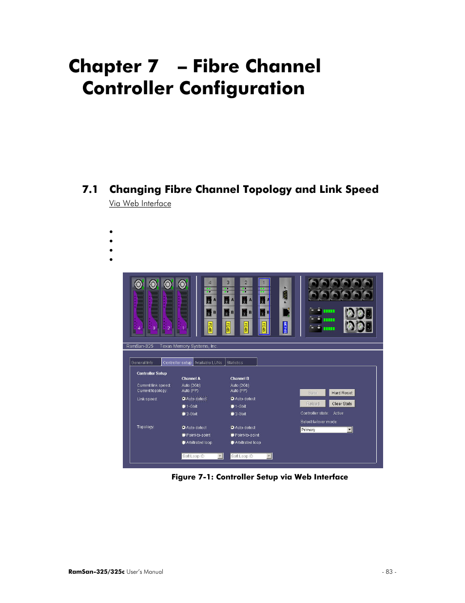 Chapter 7 – fibre channel controller configuration, 1 changing fibre channel topology and link speed | Texas Memory Systems RamSan-325/325c User Manual | Page 87 / 121