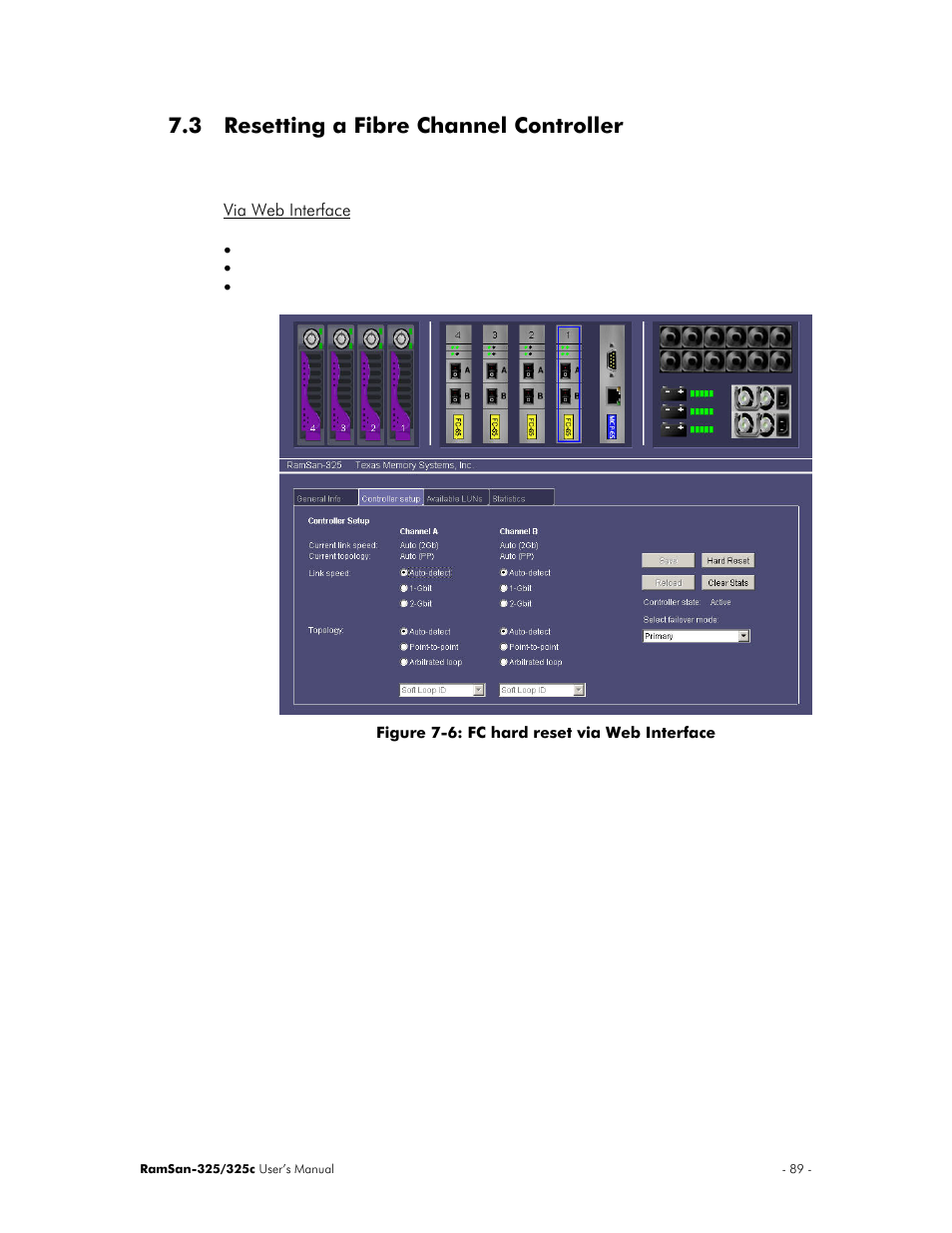 3 resetting a fibre channel controller | Texas Memory Systems RamSan-325/325c User Manual | Page 93 / 121