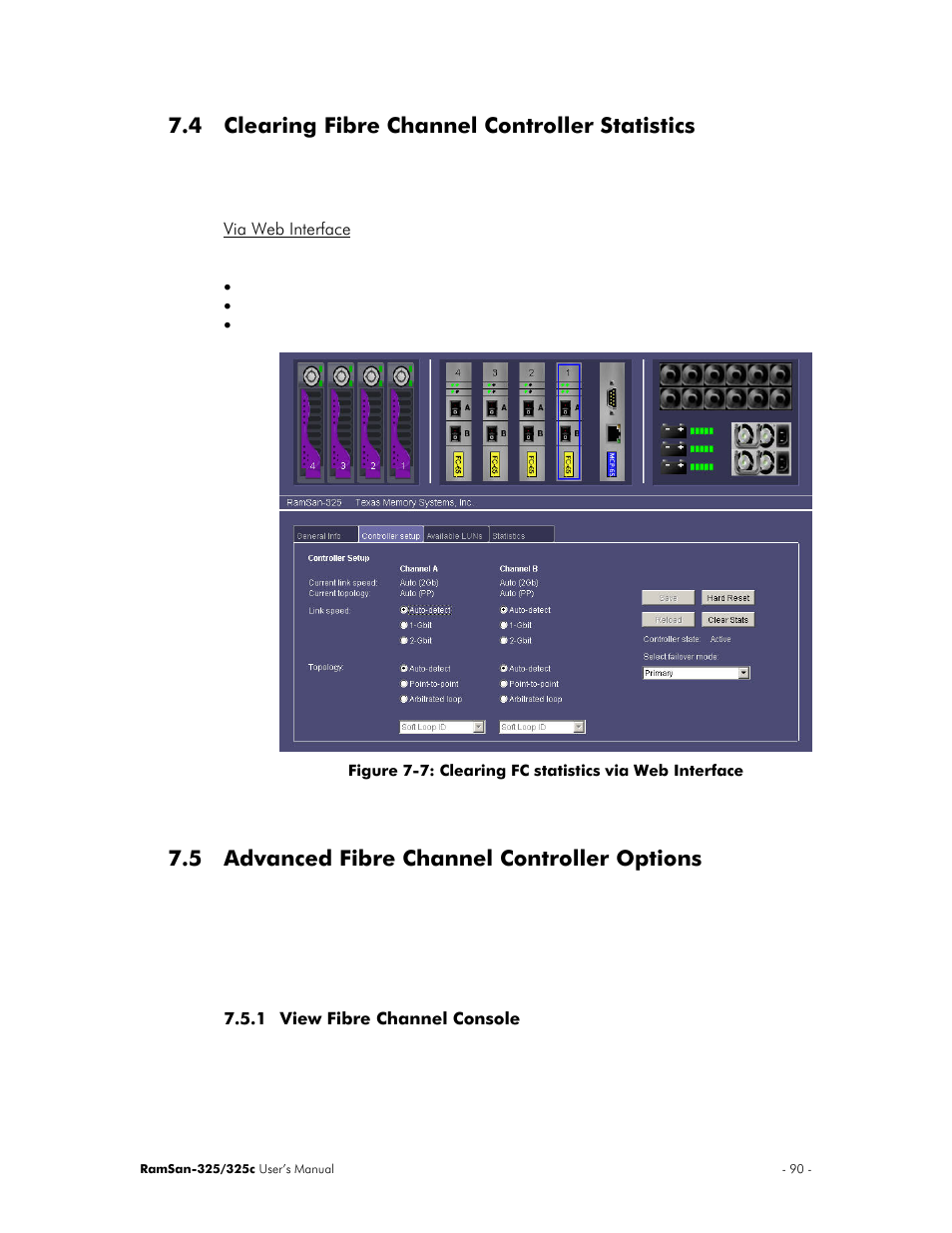 4 clearing fibre channel controller statistics, 5 advanced fibre channel controller options | Texas Memory Systems RamSan-325/325c User Manual | Page 94 / 121