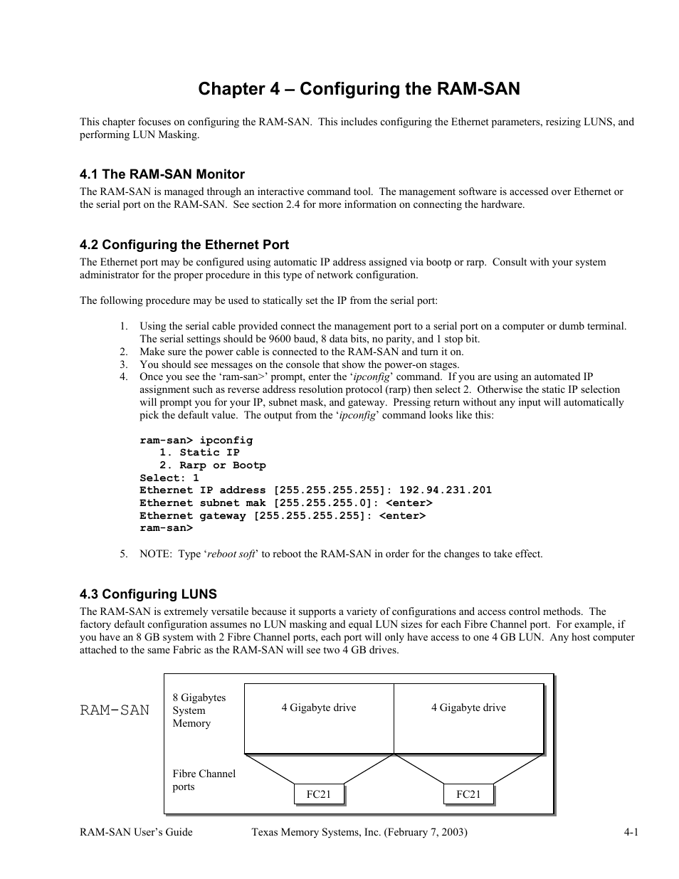 Configuring the ram-san, The ram-san monitor, Configuring the ethernet port | Configuring luns, Chapter 4 – configuring the ram-san -1, 1 the ram-san monitor -1, 2 configuring the ethernet port -1, 3 configuring luns -1, Chapter 4 – configuring the ram-san, Ram-san | Texas Memory Systems RAM-SAN 520 User Manual | Page 12 / 26