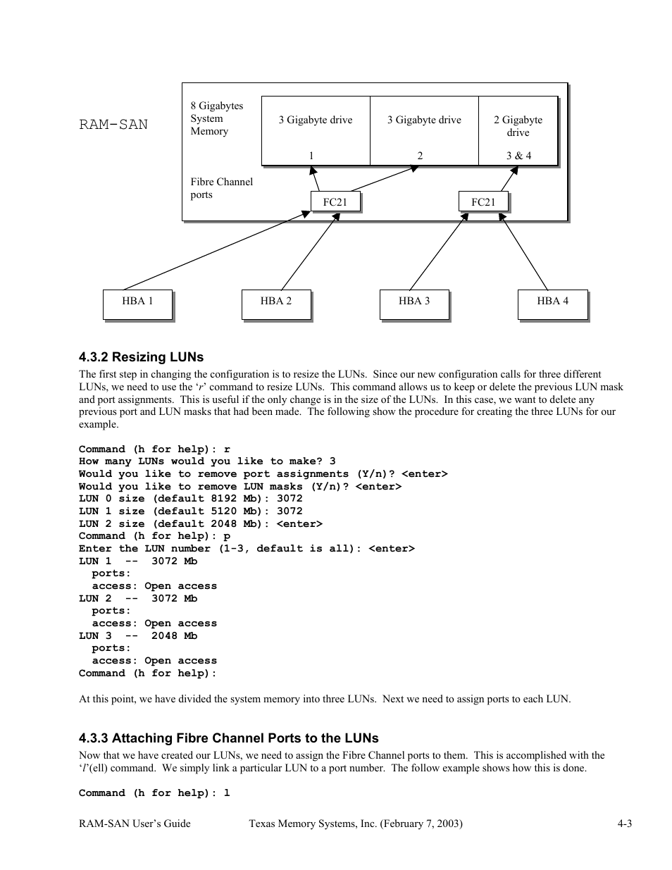 Resizing luns, Attaching fibre channel ports to the luns, 2 resizing luns -3 | 3 attaching fibre channel ports to the luns -3, Ram-san | Texas Memory Systems RAM-SAN 520 User Manual | Page 14 / 26