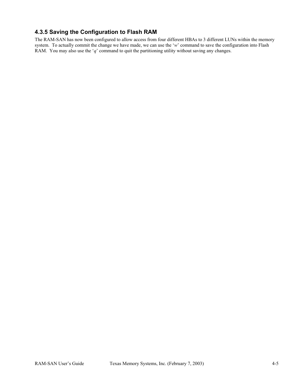 Saving the configuration to flash ram, 5 saving the configuration to flash ram -5 | Texas Memory Systems RAM-SAN 520 User Manual | Page 16 / 26