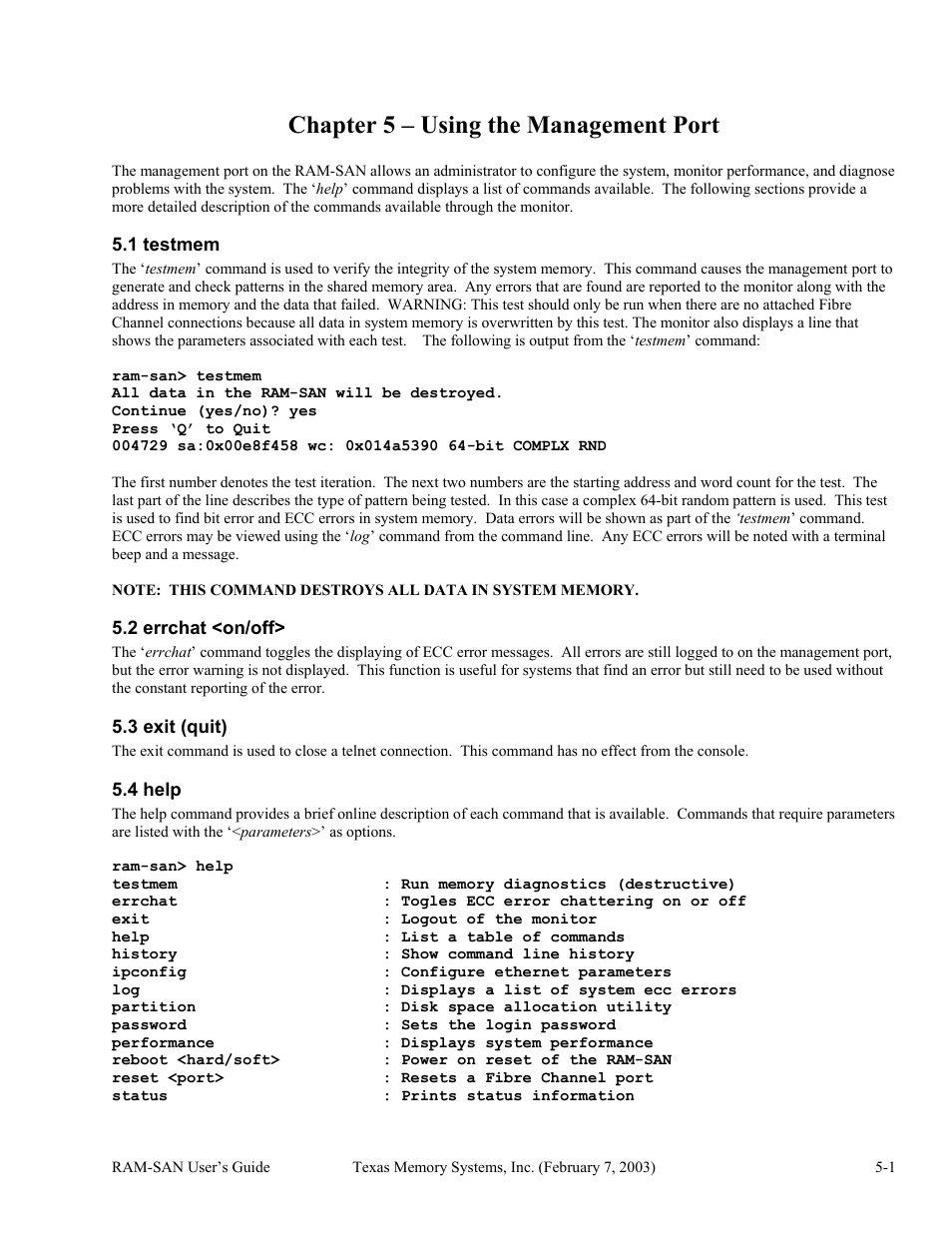 Using the management port, Testmem, Errchat <on/off | Exit (quit), Help, Chapter 5 – using the management port -1, 1 testmem -1, 2 errchat <on/off> -1, 3 exit (quit) -1, 4 help -1 | Texas Memory Systems RAM-SAN 520 User Manual | Page 17 / 26