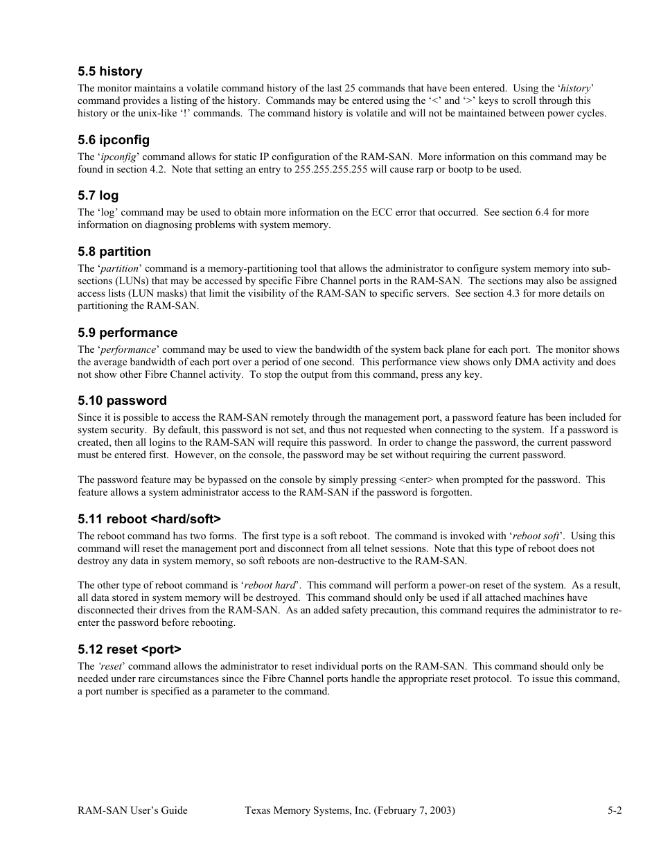 History, Ipconfig, Partition | Performance, Password, Reboot <hard/soft, Reset <port, 5 history -2, 6 ipconfig -2, 7 log -2 | Texas Memory Systems RAM-SAN 520 User Manual | Page 18 / 26