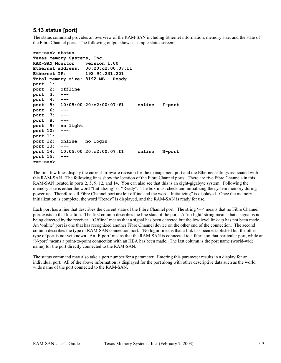 Status [port, 13 status [port] -3 | Texas Memory Systems RAM-SAN 520 User Manual | Page 19 / 26