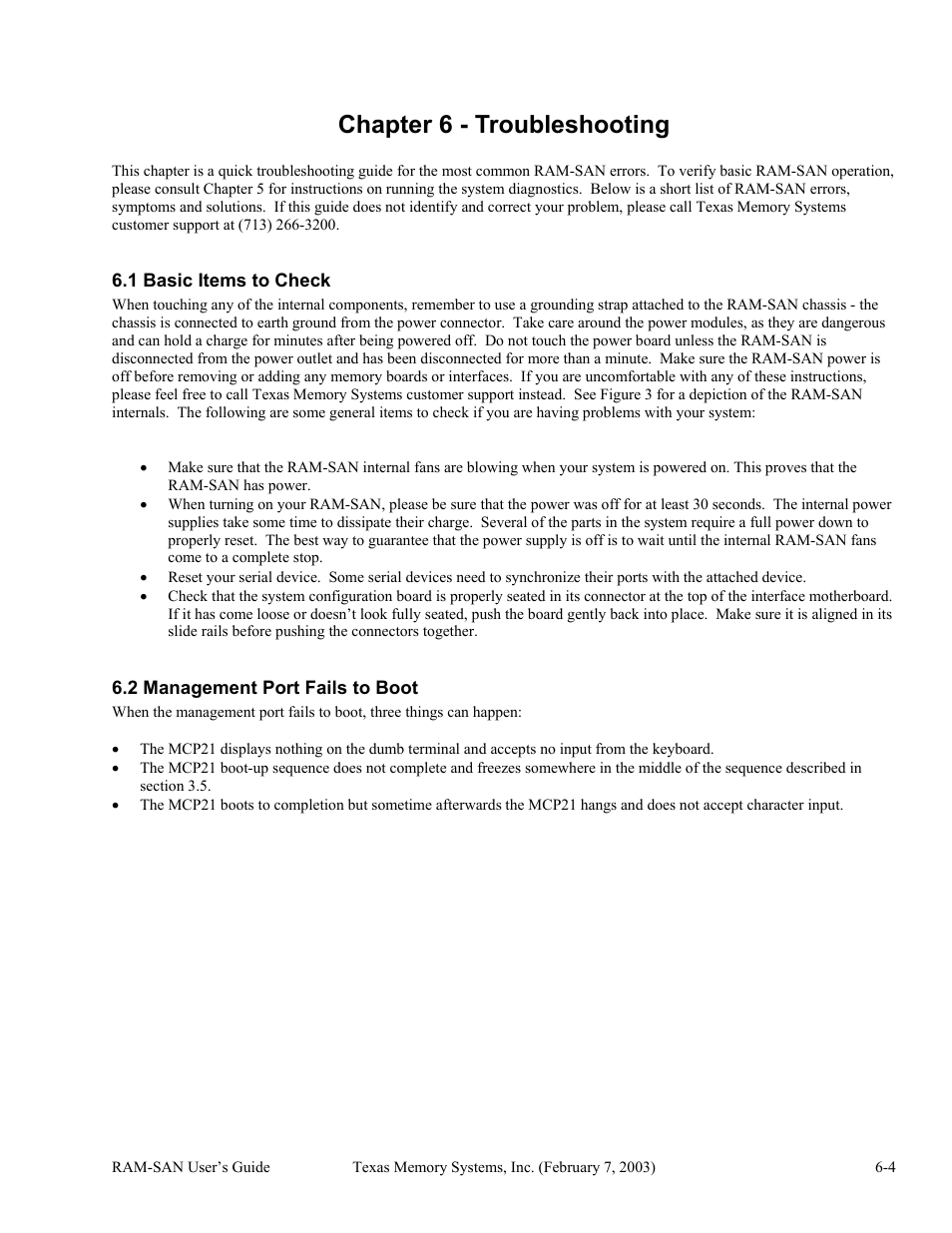 Troubleshooting, Basic items to check, Management port fails to boot | Chapter 6 - troubleshooting -4, 1 basic items to check -4, 2 management port fails to boot -4, Chapter 6 - troubleshooting | Texas Memory Systems RAM-SAN 520 User Manual | Page 20 / 26