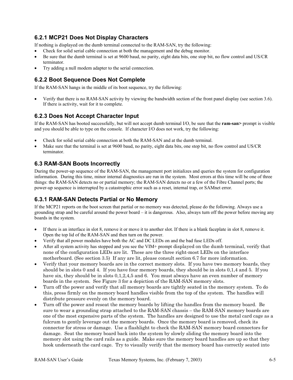 Mcp21 does not display characters, Boot sequence does not complete, Does not accept character input | Ram-san boots incorrectly, Ram-san detects partial or no memory, 1 mcp21 does not display characters -5, 2 boot sequence does not complete -5, 3 does not accept character input -5, 3 ram-san boots incorrectly -5, 1 ram-san detects partial or no memory -5 | Texas Memory Systems RAM-SAN 520 User Manual | Page 21 / 26