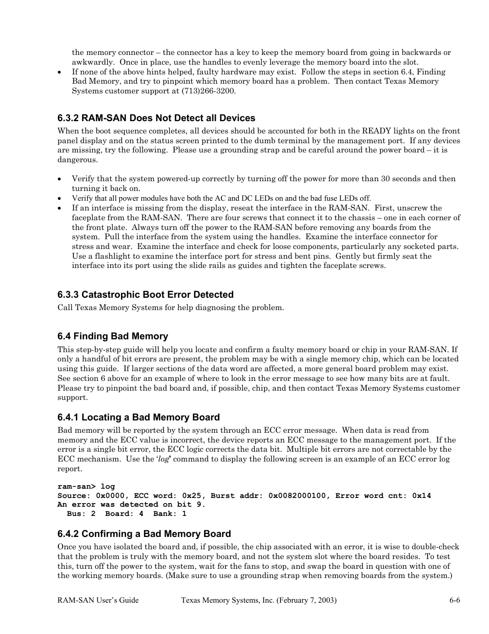 Ram-san does not detect all devices, Catastrophic boot error detected, Finding bad memory | Locating a bad memory board, Confirming a bad memory board, 2 ram-san does not detect all devices -6, 3 catastrophic boot error detected -6, 4 finding bad memory -6, 1 locating a bad memory board -6, 2 confirming a bad memory board -6 | Texas Memory Systems RAM-SAN 520 User Manual | Page 22 / 26