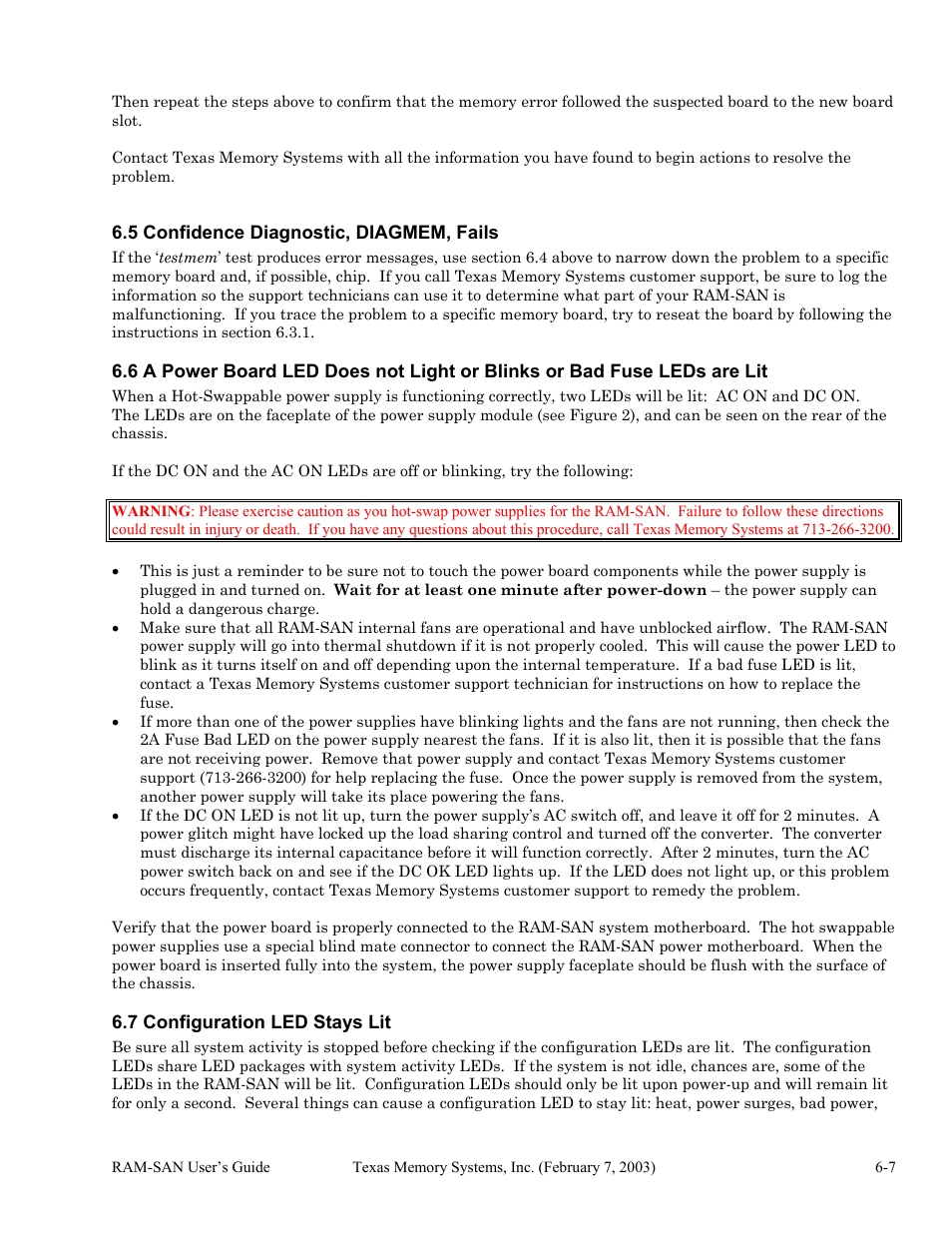 Confidence diagnostic, diagmem, fails, Configuration led stays lit, 5 confidence diagnostic, diagmem, fails -7 | 7 configuration led stays lit -7 | Texas Memory Systems RAM-SAN 520 User Manual | Page 23 / 26