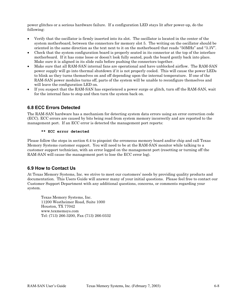 Ecc errors detected, How to contact us, 8 ecc errors detected -8 | 9 how to contact us -8 | Texas Memory Systems RAM-SAN 520 User Manual | Page 24 / 26