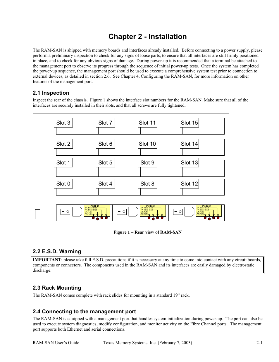 Installation, Inspection, E.s.d. warning | Rack mounting, Connecting to the management port, Chapter 2 - installation -1, 1 inspection -1, 2 e.s.d. warning -1, 3 rack mounting -1, 4 connecting to the management port -1 | Texas Memory Systems RAM-SAN 520 User Manual | Page 5 / 26