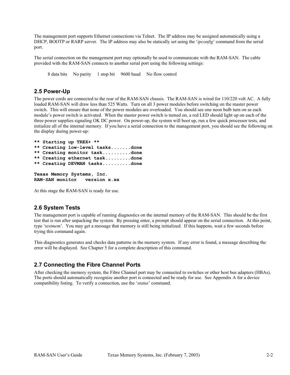 Power-up, System tests, Connecting the fibre channel ports | 5 power-up -2, 6 system tests -2, 7 connecting the fibre channel ports -2 | Texas Memory Systems RAM-SAN 520 User Manual | Page 6 / 26