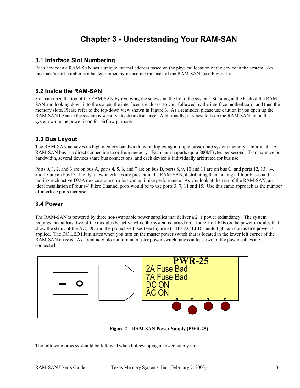 Understanding your ram-san, Interface slot numbering, Inside the ram-san | Bus layout, Power, Chapter 3 - understanding your ram-san -1, 1 interface slot numbering -1, 2 inside the ram-san -1, 3 bus layout -1, 4 power -1 | Texas Memory Systems RAM-SAN 520 User Manual | Page 7 / 26