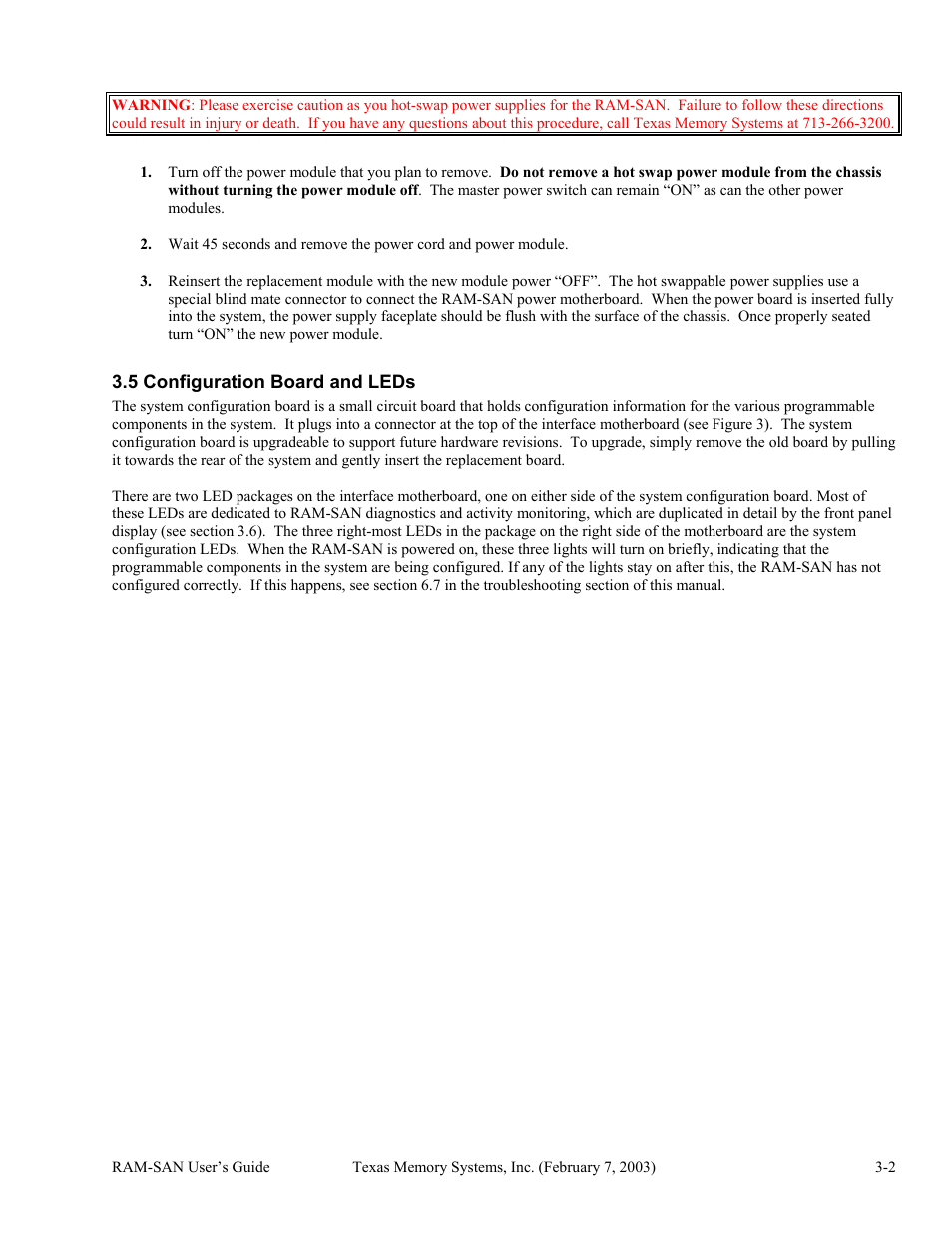 Configuration board and leds, 5 configuration board and leds -2 | Texas Memory Systems RAM-SAN 520 User Manual | Page 8 / 26