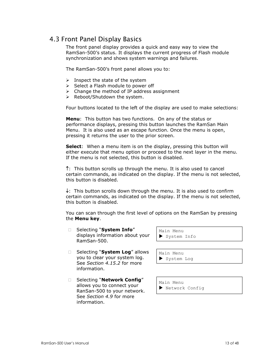 3 front panel display basics | Texas Memory Systems RamSan-500 User Manual | Page 13 / 48