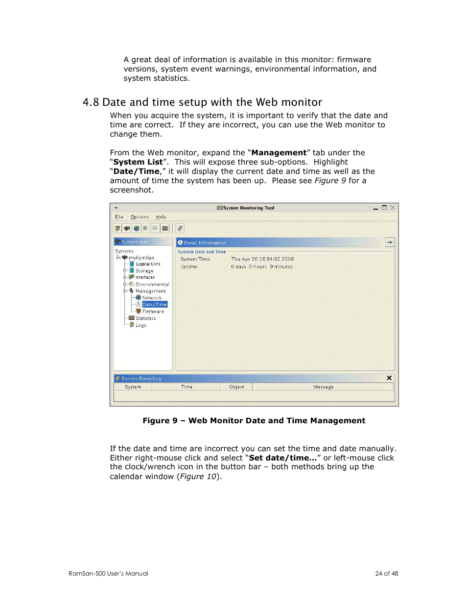 8 date and time setup with the web monitor | Texas Memory Systems RamSan-500 User Manual | Page 24 / 48