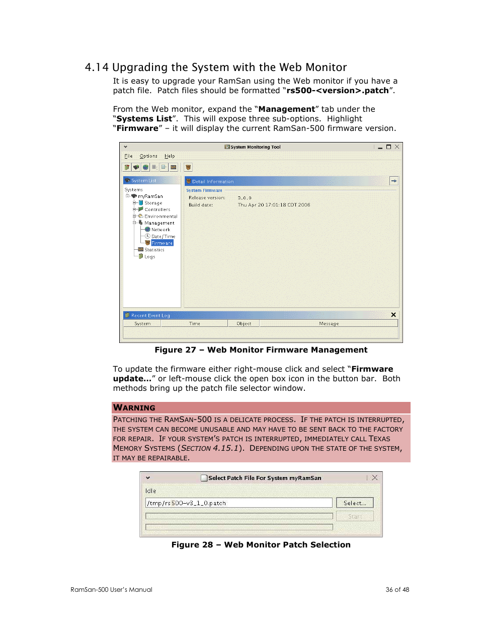 14 upgrading the system with the web monitor | Texas Memory Systems RamSan-500 User Manual | Page 36 / 48