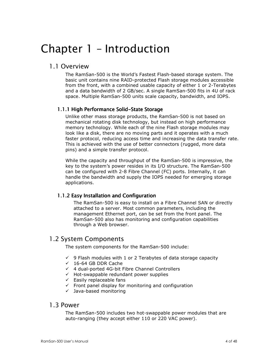 Chapter 1 – introduction, 1 overview, 2 system components | 3 power | Texas Memory Systems RamSan-500 User Manual | Page 4 / 48