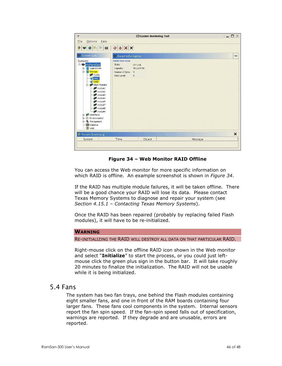 4 fans | Texas Memory Systems RamSan-500 User Manual | Page 46 / 48