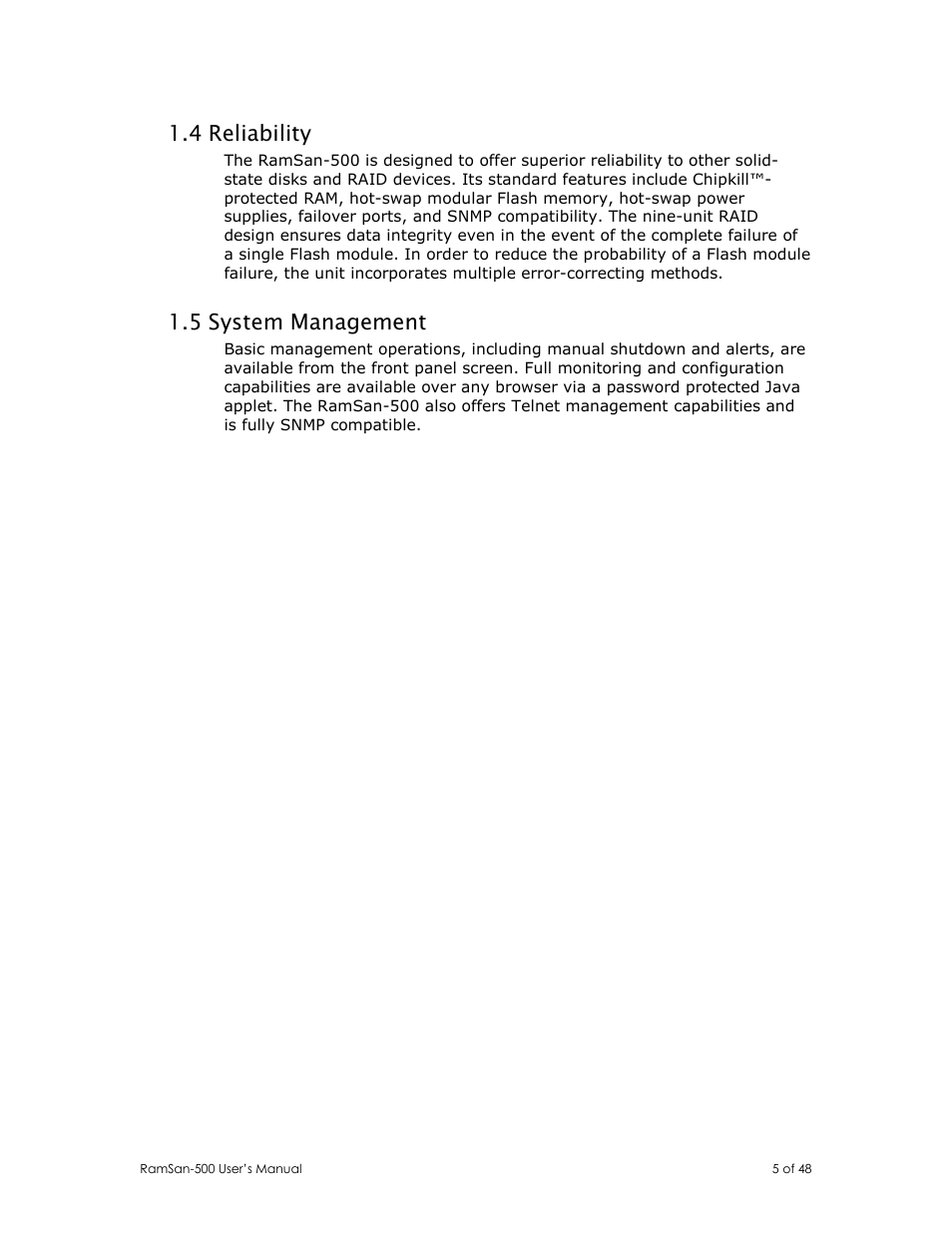 4 reliability, 5 system management | Texas Memory Systems RamSan-500 User Manual | Page 5 / 48