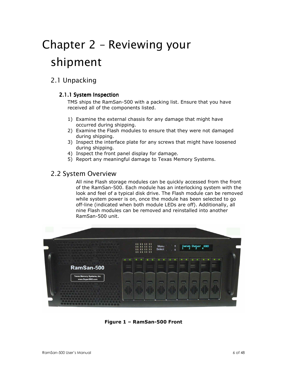 Chapter 2 – reviewing your shipment, 1 unpacking, 2 system overview | Texas Memory Systems RamSan-500 User Manual | Page 6 / 48