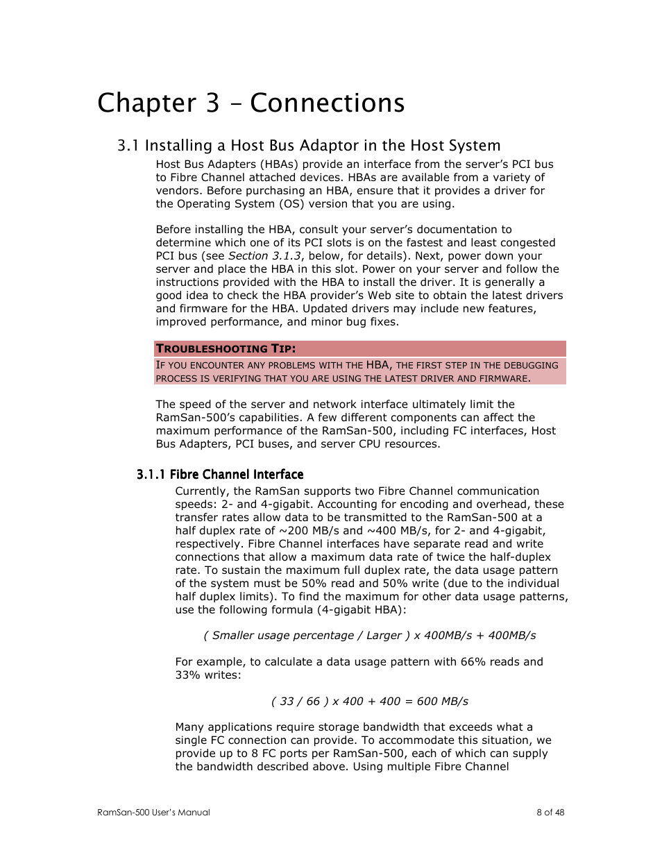 Chapter 3 – connections, 1 installing a host bus adaptor in the host system | Texas Memory Systems RamSan-500 User Manual | Page 8 / 48